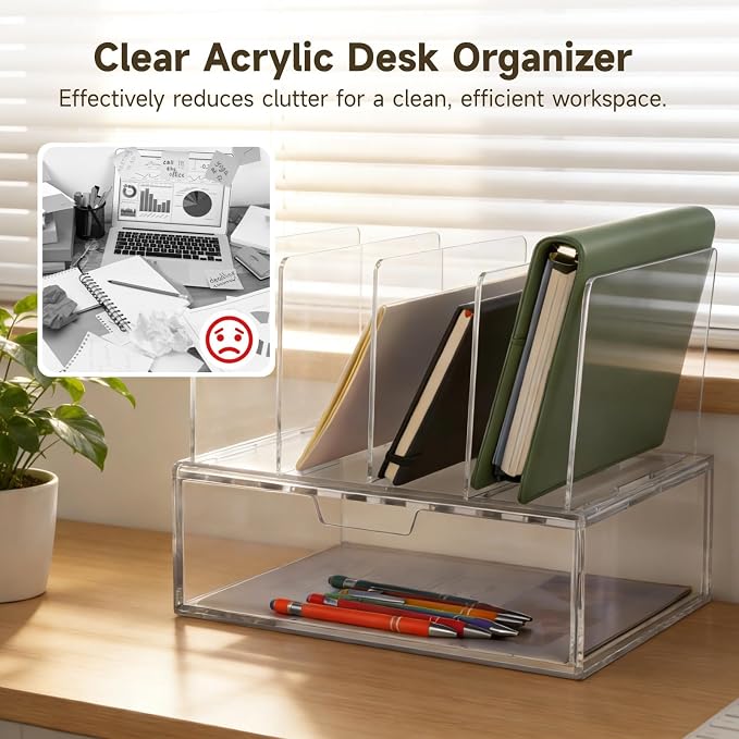 Desk Organizers and Accessories, Clear Acrylic Desktop Organizer with Drawer & Vertical Slots, Modern Office Supplies Organization Storage for Home, Office