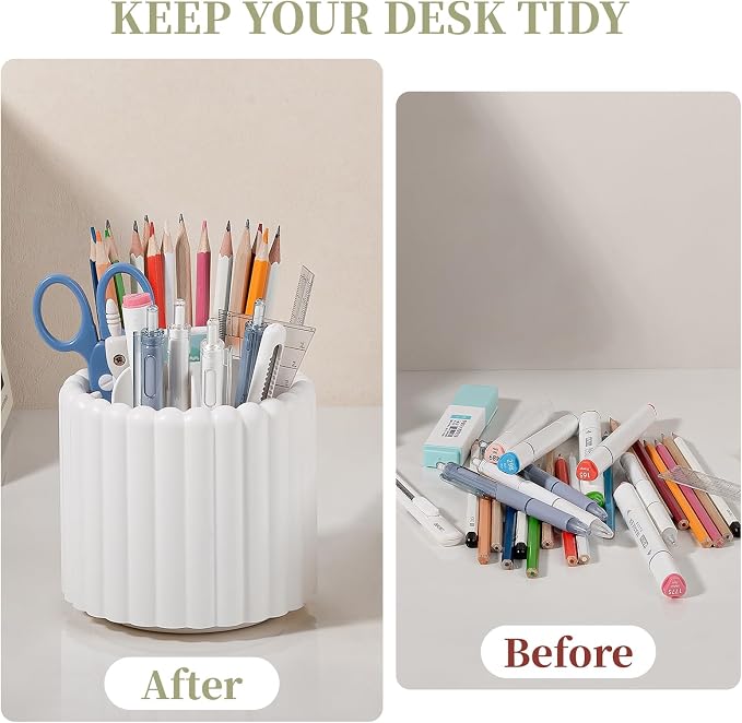 360° Rotating Pen Holder for Desk Removable Pencil Organizer, White | 7 Slots Pen Cup Cute Office Supplies and Accessories Plastic Desktop Storage Box Art Caddy for School, Work, Home