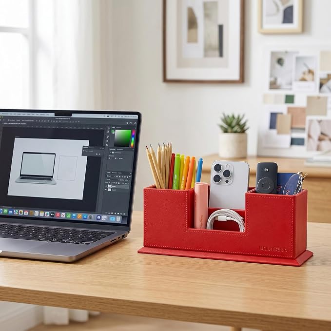 UnionBasic Desk Organizer, Desktop Caddy Leather Multi-compartment Pen Holder Office Stationer Organizer, Red