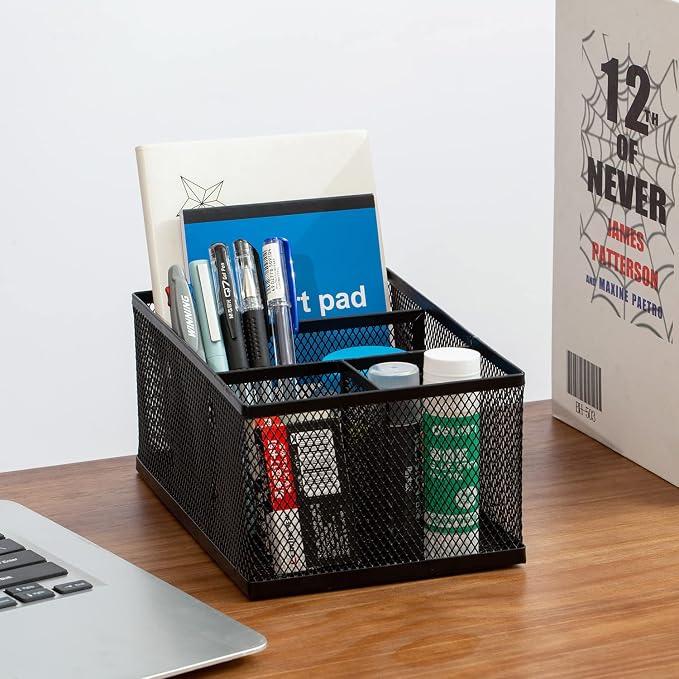 MyGift Black Metal Mesh Desk Organizer Pen Holder Pencil Holder Office Supplies Caddy with 4 Compartments