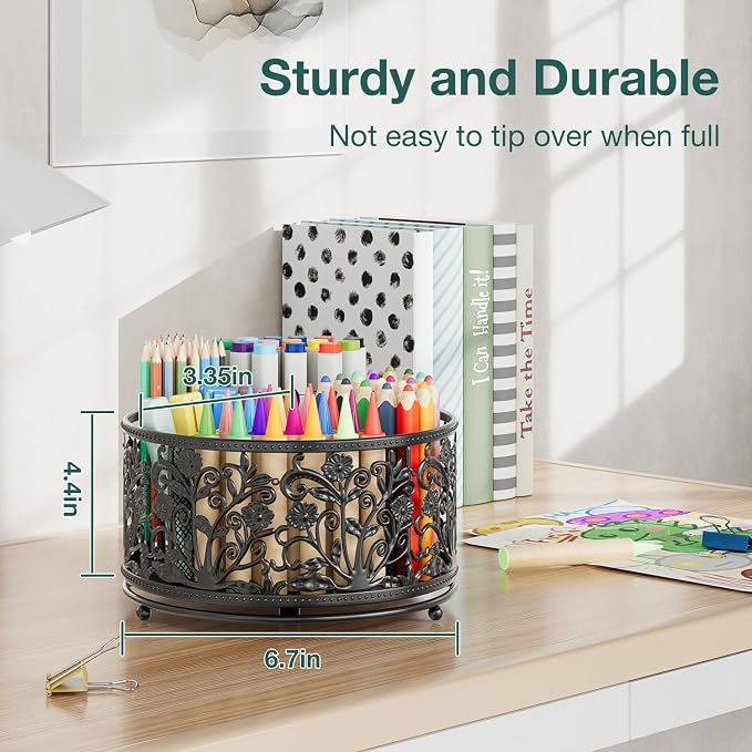 EKNITEY Pencil Holder for Desk - 360° Rotating Pen Holder Organizer Caddy | Sturdy Metal, Rotation Smooth, 4 Compartments, Non-Slip Base, Cute Floral Design, for Office Home Classroom School, Black