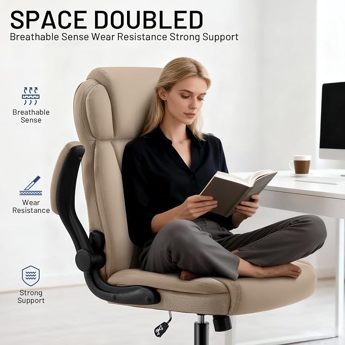 AreShark Ergonomic Office Chair with High Back Headrest,PU Leather Executive Desk Chair Padded Flip-Up Armrests,Lumbar Support,Swivel Computer Chair for Home Office & Gaming, Khaki