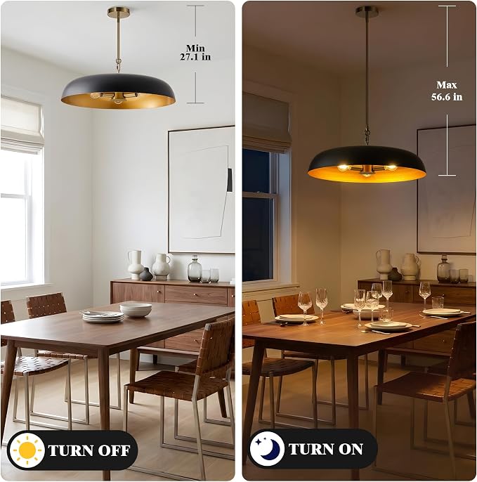 Large Pendant Lights Kitchen Island 20.4in, Black Gold Dining Room Fixture | 3-light hanging dome chandelier, modern all-metal frame, adjustable 18-54in downrod, E12 40W base, for over table bar cafe