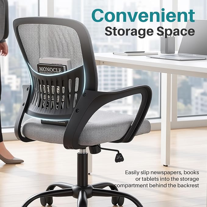 OLIXIS Ergonomic Office Desk Chair, Executive Mid-Back Computer Chair with Comfortable Lumbar Support & Rocking Mode, Height Adjustable with Fixed Armrest, 360° Swivel, for Adults, Grey