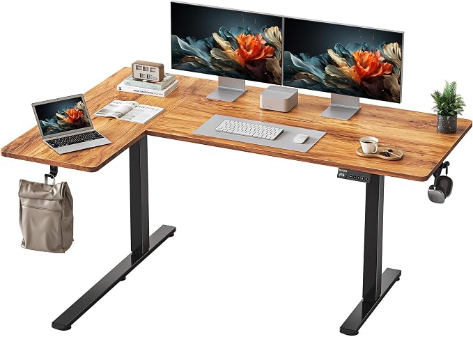 YIHAYO Reversiable L-Shaped Electric Standing Desk, 59 Inches Stand Up Corner Desk, Sit and Stand Up for Work Office Home, Ergonomic Rising Computer Table with Splice Board, Rustic Brown