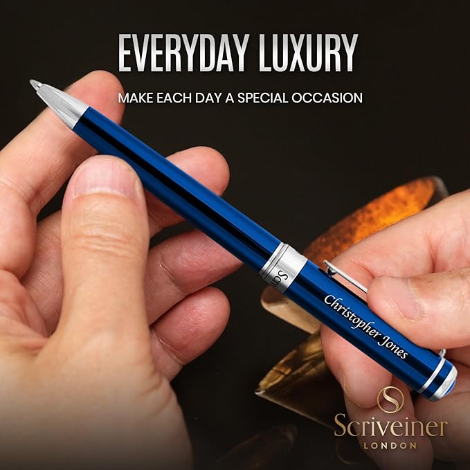 Scriveiner Personalized Midnight Blue Ballpoint Pen - Stunning Blue Lacquer Luxury Pen, Chrome Finish, Schmidt Ink Refill, Best Engraved Ball Point Gift Set for Men & Women, Custom Name Engraving