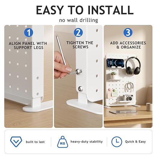 White Metal Desk Pegboard, 1 Pack Standing Organizer with Hooks | Freestanding 8.67 x 14.17 in panel with stands, hooks, shelves, phone holder and magnetic patches for desk storage