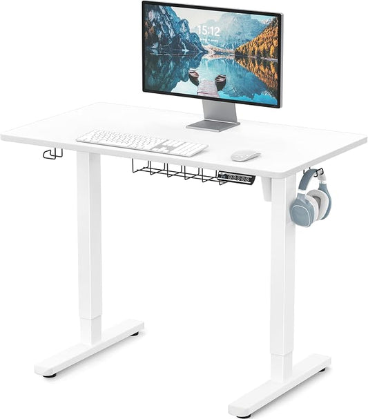 SHW 40 x 22 Inches Electric Height Adjustable Sit to Stand Desk with Hanging Hooks and Cable Management, White Frame and White Top