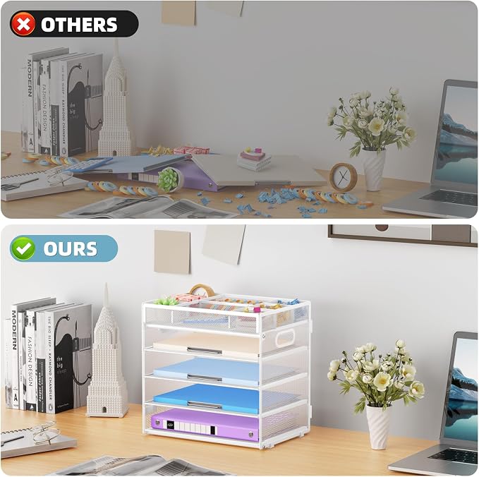 Marbrasse 5 Tier Paper Organizer, Mesh Desk Letter Tray with Handle,White | Paper Sorter Desk Organizer for Letter/A4 Office File Folder Holder Home Office Supplies
