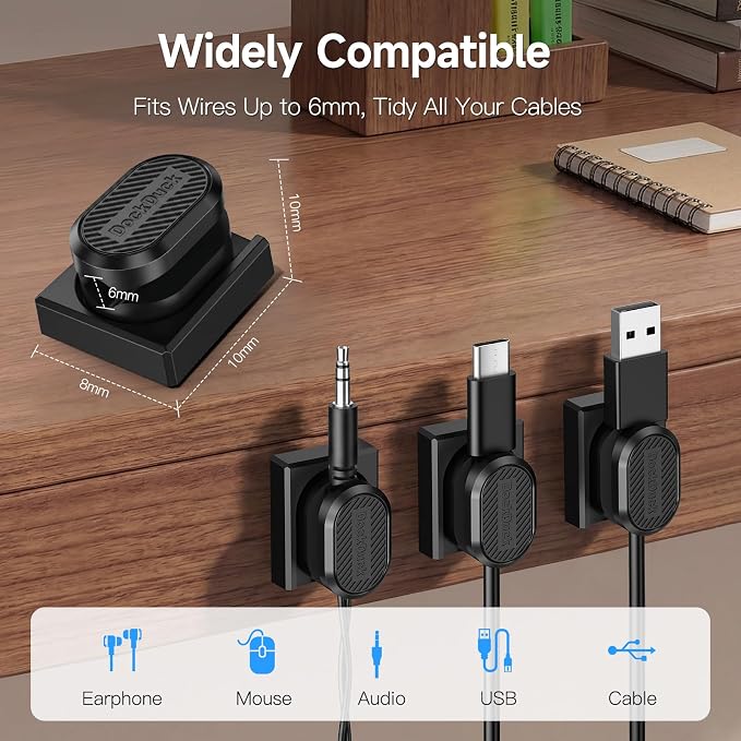 3-Pack Magnetic Cable Clips with Detachable Base, Auto Snap Cord Holder for Desk, Self-Adhesive Cable Organizer Compatible with Round and Flat Cables for Home Office Car