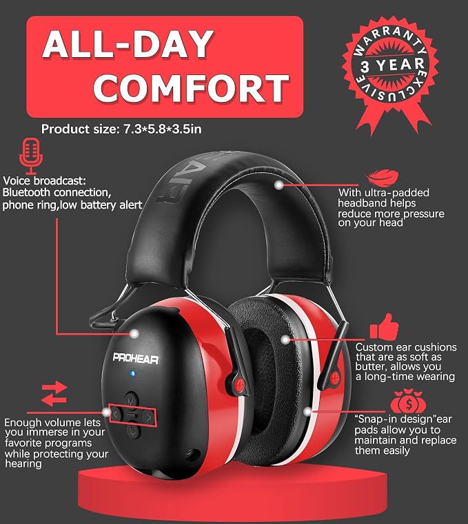 PROHEAR 037 Bluetooth 6.0 Hearing Protection Headphones with Rechargeable 1500mAh Battery, 30dB SNR Safety Noise Reduction Ear Muffs with 120H Playtime for Mowing - Red