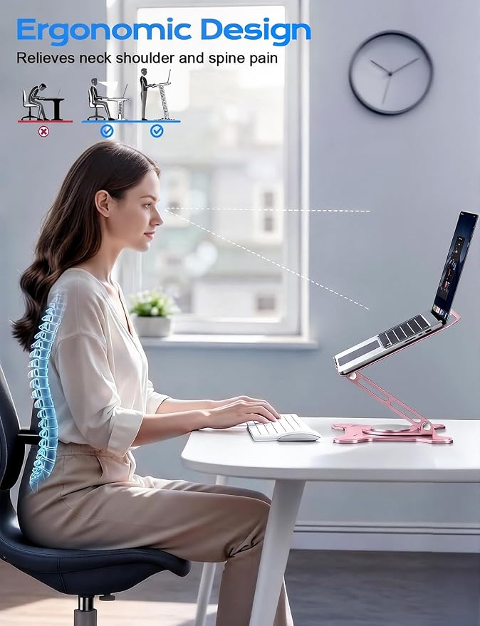 JCZT Adjustable Laptop Stand, 360° Rotating Base Ergonomic Computer Stand, Foldable Laptop Stand for Desk for Office Home Fits Compatible with MacBook Pro Air (10-16") - Pink
