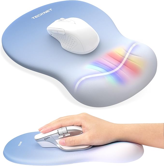 TECKNET Ergonomic Mouse Pad with Wrist Rest, Memory Foam Mousepad with Wrist Support, Smooth Surface, Middle Concave & Non-Slip Base for Laptop/PC, Pain Relief for Home Office Gaming, Blue
