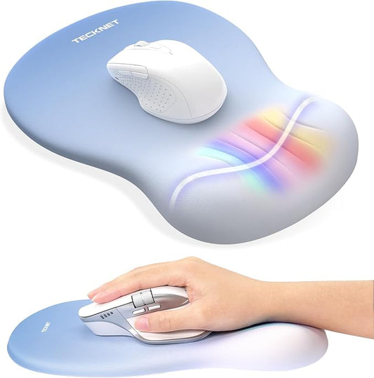 TECKNET Ergonomic Mouse Pad with Wrist Rest, Memory Foam Mousepad with Wrist Support, Smooth Surface, Middle Concave & Non-Slip Base for Laptop/PC, Pain Relief for Home Office Gaming, Blue