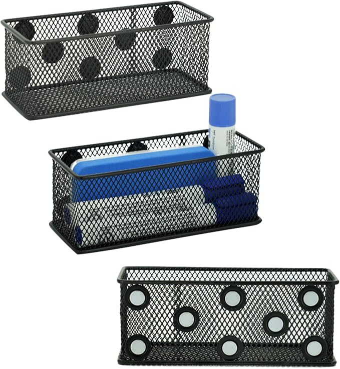Neudeco Magnetic Locker Organizer and Accessories, Wire Mesh Magnetic Storage Basket, Magnetic Holder for Dry Erase Markers, Strong Magnet Pen Holder for Fridge School, Pack of 3, Black