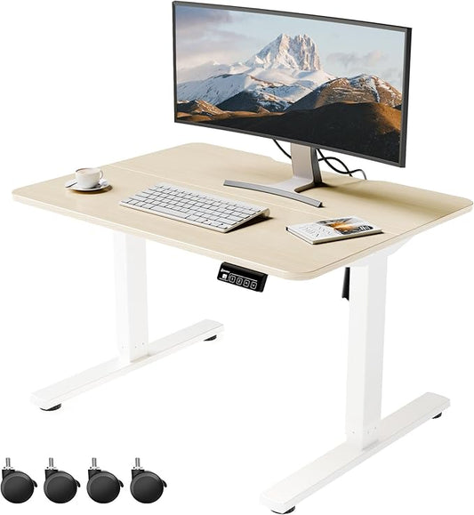 ERGOMAKER Low Height Adjustable Desk with Lockable Wheels, Lifts 18.9"-29.5", 31.5" x 23.6" Electric Small Standing Desk with Splice Board for Home Office & Short People(White Frame, Gold Oak Desktop)