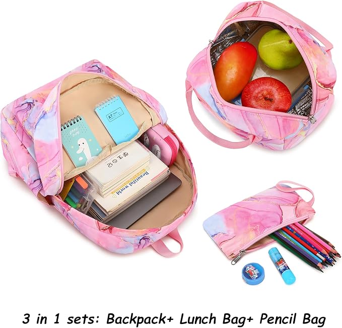 Bluboon Teen Girls School Backpack Kids Bookbag Set with Lunch Box Pencil Case Travel Laptop Backpack Casual Daypacks (Marble Pink-Blue)