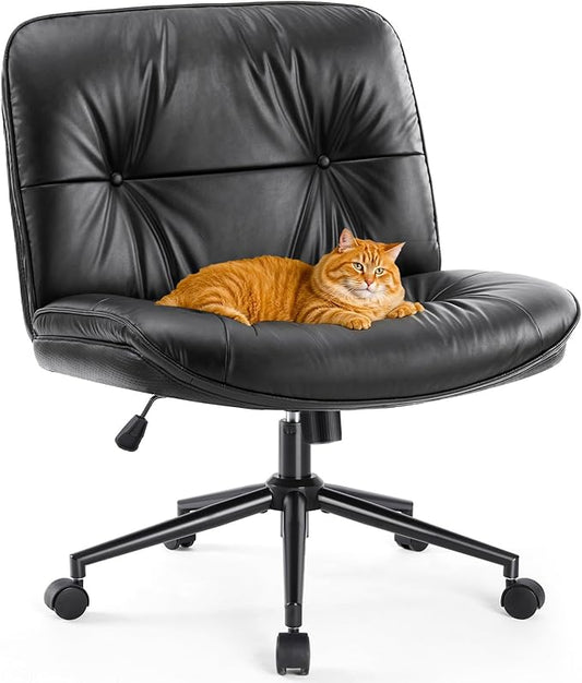 Sweetcrispy Criss Cross Chair with Wheels, Wide Seat PU Leather Armless Office Desk Vanity Chair, Comfortable Adjustable Swivel Computer Task Chairs for Bedroom, Small Space Make Up, Black