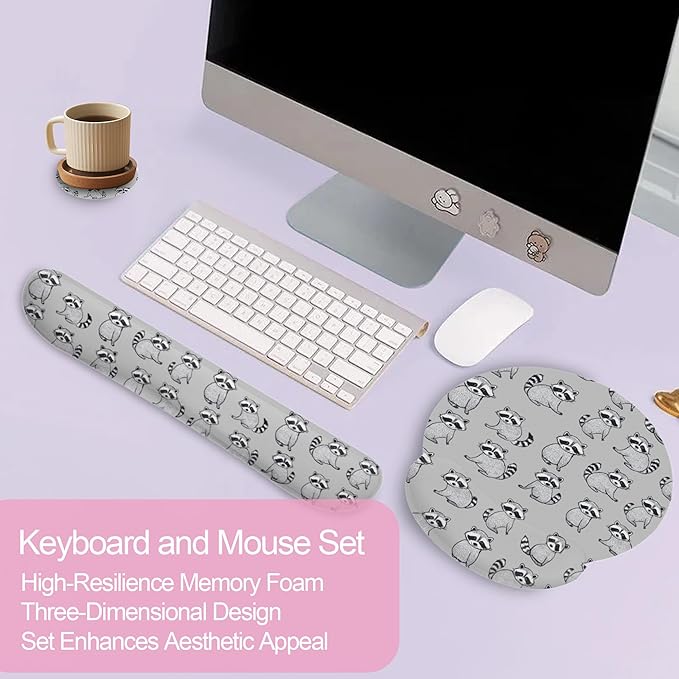 Cute Raccoon Ergonomic Wrist Support Keyboard Mouse Wrist Rest Set, Computer Office Comfortable Wrist Rest for Mouse Easy Typing