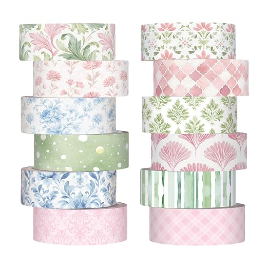 12 Rolls Watercolor Floral Washi Tape Set 15 mm Vintage Flower Decorative Masking Tape for Summer School Arts DIY Craft Scrapbook Journal Supplies Gifts(Pink,Blue and Green,Garden)