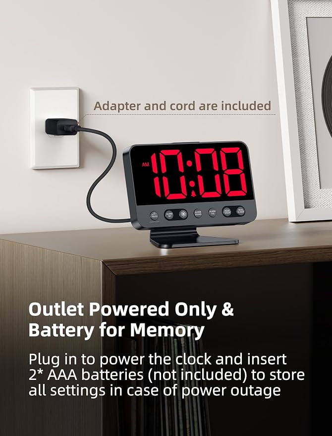 Odokee Digital Alarm Clocks for Bedrooms with Large Bold Number | Electric Desk Clock with Night Light & Brightness Dimmer - Loud Alarm for Heavy Sleepers with Adjustable Volume - Red