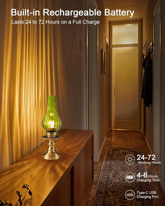UMEXUS Vintage Small Cordless Table Lamp, Rechargeable Battery Powered | Touch Control Dimmer, Green Glass Shade & Gold Base Ambient Lighting, Home Decor for Bedroom Living Room Kitchen Nightstand