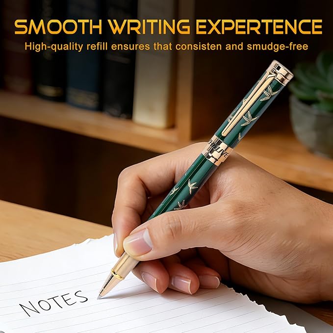 ZHKUVE Luxury Rollerball Pen,Stunning Green Lacquer with bamboo leaf patterns,Switzerland Tip with Black Ink Refills, Elegant Gift Set For Men & Women, Executive Writing, Nice Fancy