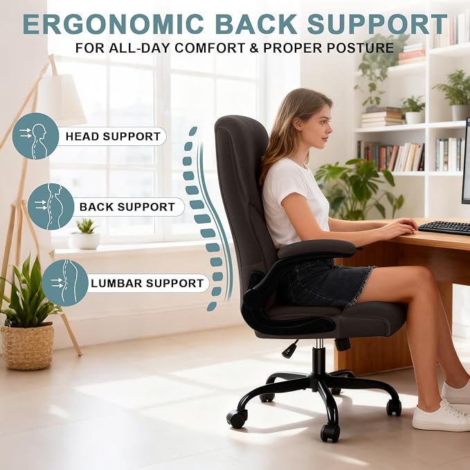 Executive Office Chair,High Back Ergonomic Comfy Desk Chair with Padded Flip-up Armrests,PU Leather Heavy Duty Computer Swivel Rolling Task Chair for Home Office,Adults,Dark Brown