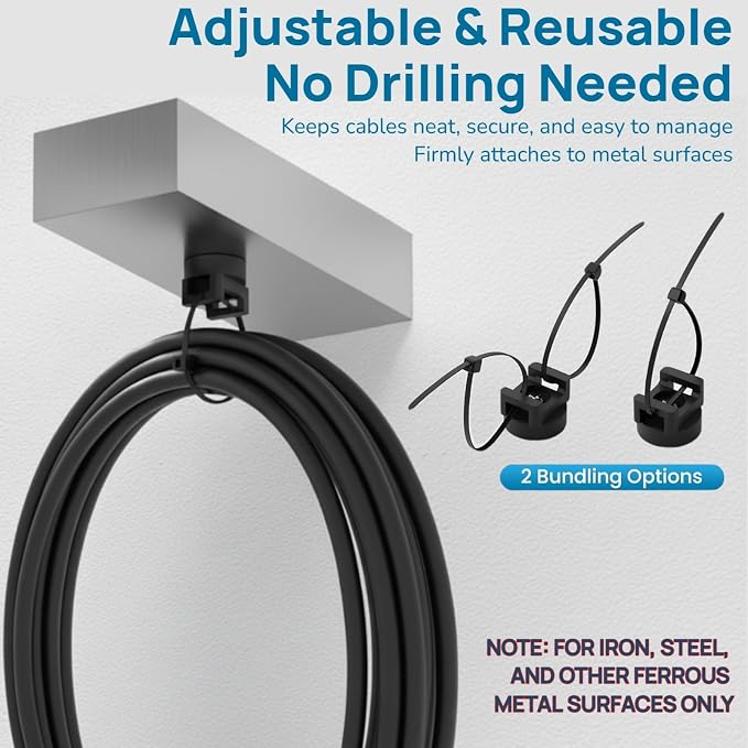 225 Pieces Magnetic Cable Ties Set, 25 Magnetic Zip Tie Mounts with 200 Cable Ties, Strong Wire Holder Cables Management, Multipurpose Electrical Cord Holders Organizer (22mm)