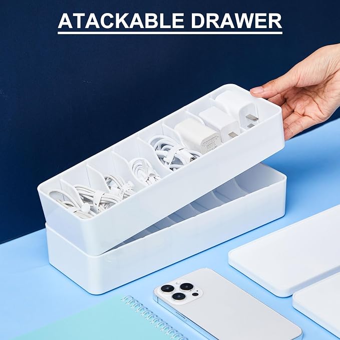 Tatuo 1 Pcs Cord Organizer for Drawer Desktop, Cable Organizer Box with 8 Compartments and Wire Ties, Plastic Charger Storage with Lid, Electronics Case for Home Office Accessories (Small,White)