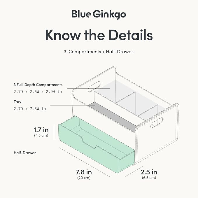 BLUE GINKGO Portable Desk Organizer, White, Made in Korea | 3 Compartments. Half Drawer. Everyday Storage.