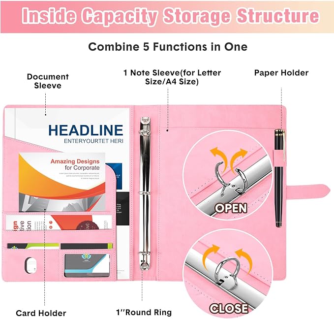 Eersida 2 Pcs 2 Pcs Padfolio 3 Ring Leather Binder Business Portfolio Folder A4/Letter Size Back to School for Organizer Documents Business Cards Conference Office Gifts for Men or Women (Pink,Beige)