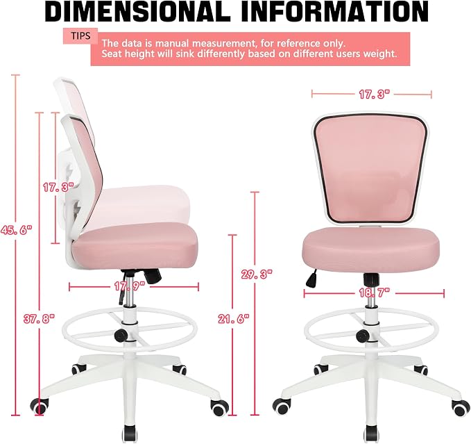 Drafting Chair Adjustable Height Tall Office Chairs Standing Desk Chair Rolling Stool Chair Armless Office Drafting Chair Pink
