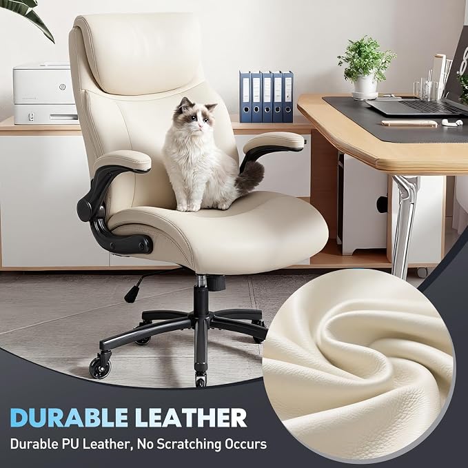MALOL 300lbs Ergonomic PU Leather Office Chairs, High-Back y Home Computer Executive Chair with Lumbar Support and Flip-Up Arms, Beige