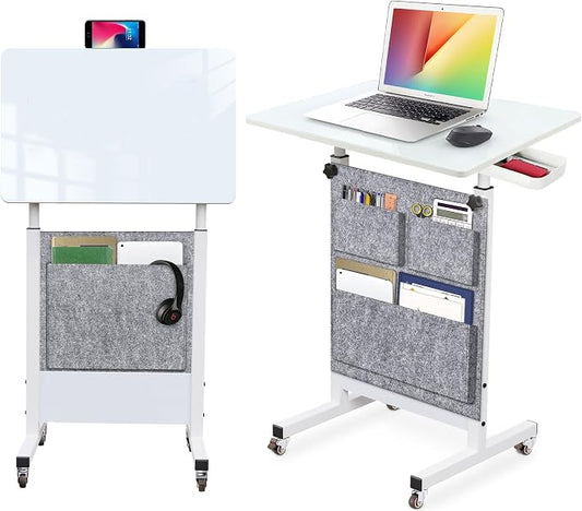 KOUPA Adjustable Height Standing Desk, 24 in Writable Tempered Glass Desktop with Eraser, 360° Flip, Wheels and Bag– Ideal for Small Spaces and Home Offices, White(Adjustable Height: 32-47 in)