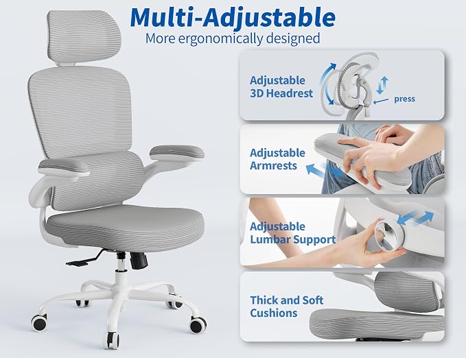 TRALT Office Chair Ergonomic Desk Chair, 330 LBS Home Mesh Office Desk Chairs with Wheels, Comfortable Gaming Chairs (1, Grey PU)