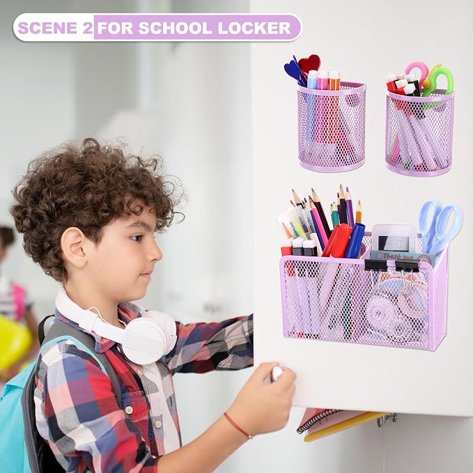 Sherr 3 Pcs Magnetic Pen Pencil Holder Set Magnets Wire Mesh Marker Holder Storage Basket for Locker Accessories Classroom Whiteboard Refrigerator and Home Wall, Macaron Color(Purple)