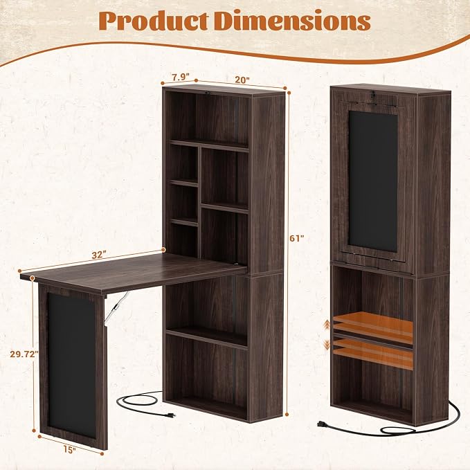 Armocity Small Folding Desk with Outlets, Convertible Writing Desk for Small Spaces/Home Office/Craft Room, Multi-Function Desk Workstation with Blackboard, Fold-Out Cabinet Table, Black Walnut