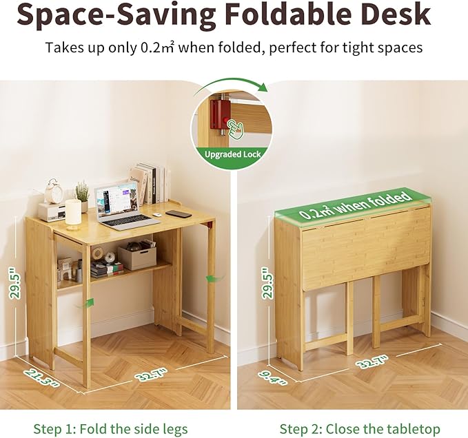 Bamboo Foldable Desk, Folding Desks for Small Spaces, Mid Century Small Computer Desk with Bookshelf for Bedroom Home Office, Natural