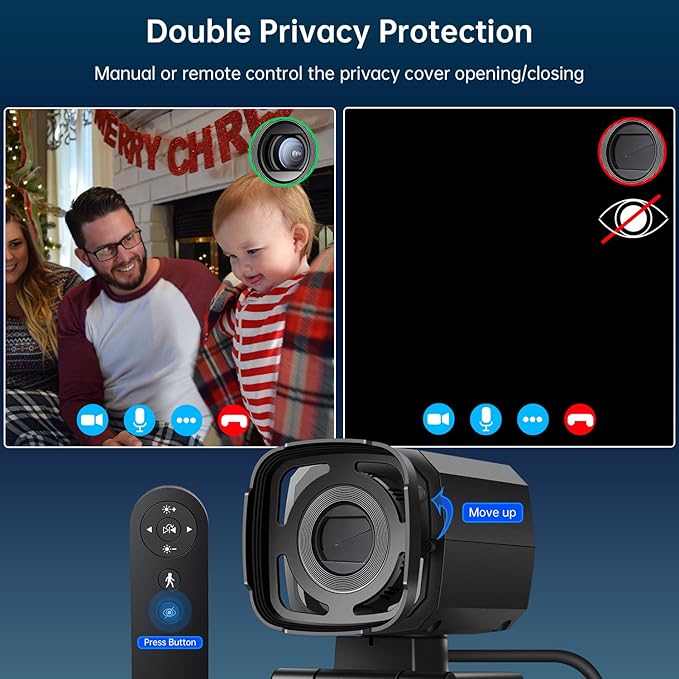 Auto Tracking Webcam: Full 1080P HD Computer Camera with Built-in 2 Microphones, Remote Control, Privacy Shutter, WDR, 73° View, External USB Web Cam, for Desktop PC Laptop
