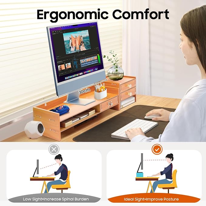 Computer Monitor Stand, Wooden Monitor Riser with Lockable Drawer and Storage, Multi Wooden Desktop Storage Stand for Laptop Printer Screen and Office Supplies Organizer, 25.2" x 7.87" x 5.33" (3 Drawer)
