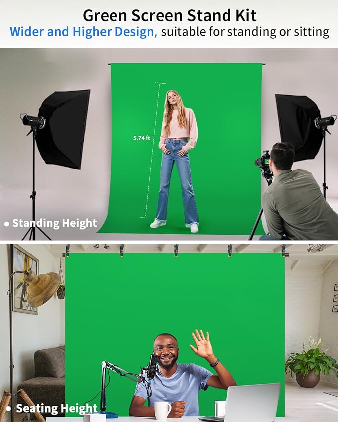 Hemmotop Green Screen Backdrop Kit 8x7.5ft, Wider Chromakey Greenscreen Background with Portable T-Shape Stand, Clamps, Carrying Case for Zoom, Streaming, Garming, Video Recording, VR, Photography