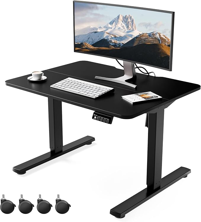 ERGOMAKER Low Height Adjustable Desk with Lockable Wheels, Lifts 18.9"-29.5", 31.5" x 23.6" Electric Small Standing Desk with Splice Board for Home Office & Short People(Black Frame, Black Desktop)