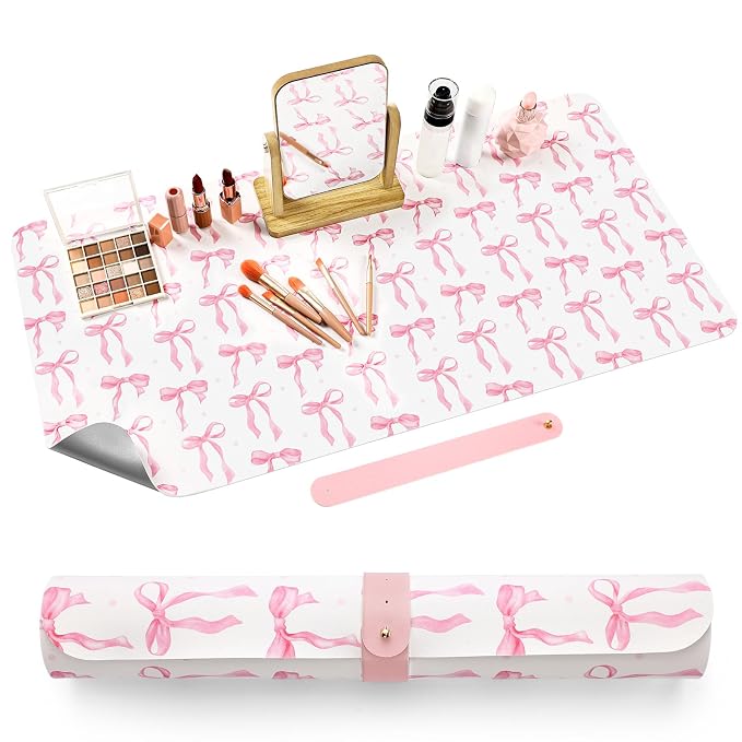 Teenyyou Coquette Bow Makeup Mat for Vanity Top Protector Back to School Gift 31.5" X15.7" Dual Side Leather Desk Mouse Pad Girly Waterproof Nonstick Dressing Vanity Cover for Women Home Office