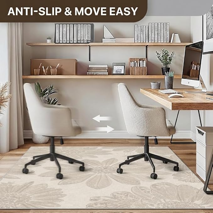 48"x60" Office Chair Mat for Hardwood Tile Floor, Under Desk Carpet Protector for Rolling Computer Chair Mat, Machine Washable Area Rug, Anti-Slip 1/5" Thick Low Pile Thin Vinyl Floor Mat, Dusty Beige