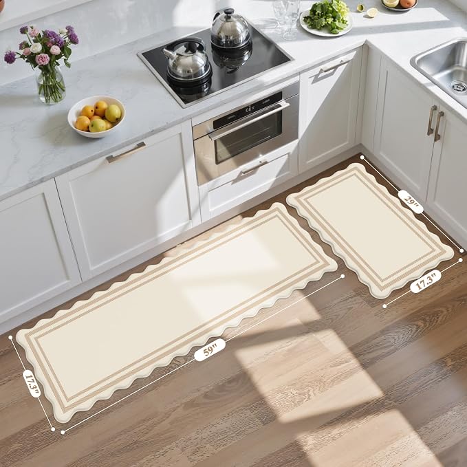 KIMODE Anti Fatigue Kitchen Mats,Beige Boho Kitchen Rugs,Modern Home Decor | Padded Kitchen Mat for Floor, Standing Desk Mat, Cushioned Kitchen Mats for Floor for Laundry Office RV Sink 17"x59"+17"x29"