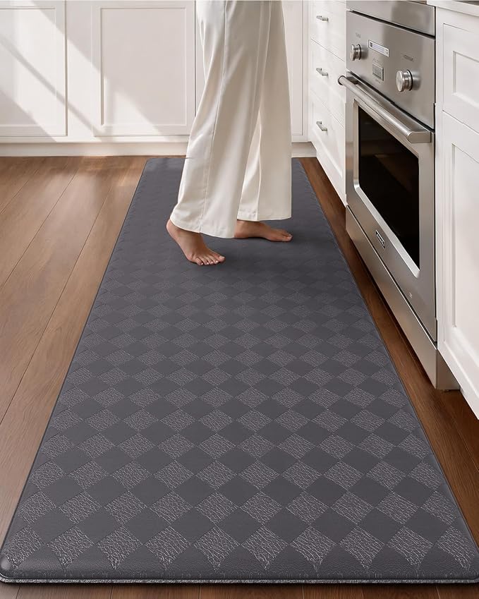 Color&Geometry Checkered Kitchen Runner 24x87 Wide Long Antifatigue, Grey | Waterproof & Oil Proof, Easy Clean PVC Large Kitchen Rug For Busy Family, 0.4in Thick Cushion For Long Standing, Non Slip