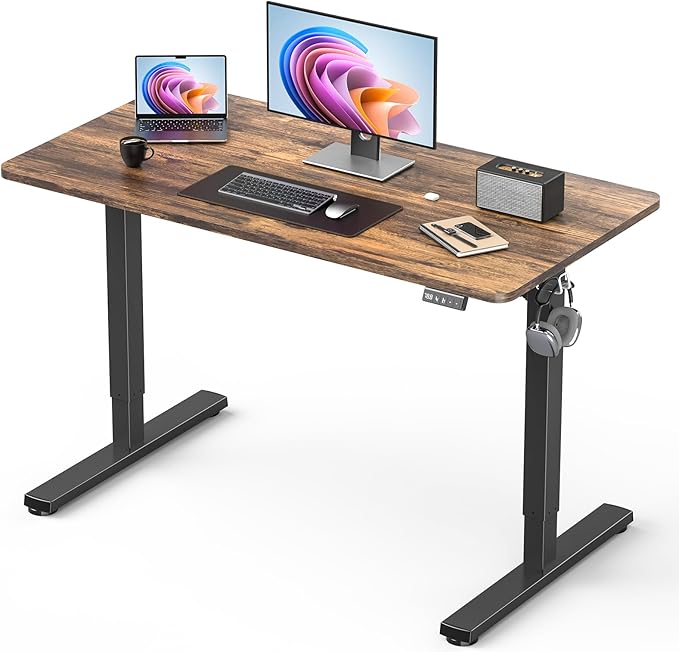 40" Electric Standing Desk Adjustable Height, Sit Stand up Desk for Home Office & Computer Workstation, 2 Memory Height Settings, Splice Board, 2 Hooks, Black Frame/Rustic Brown Top