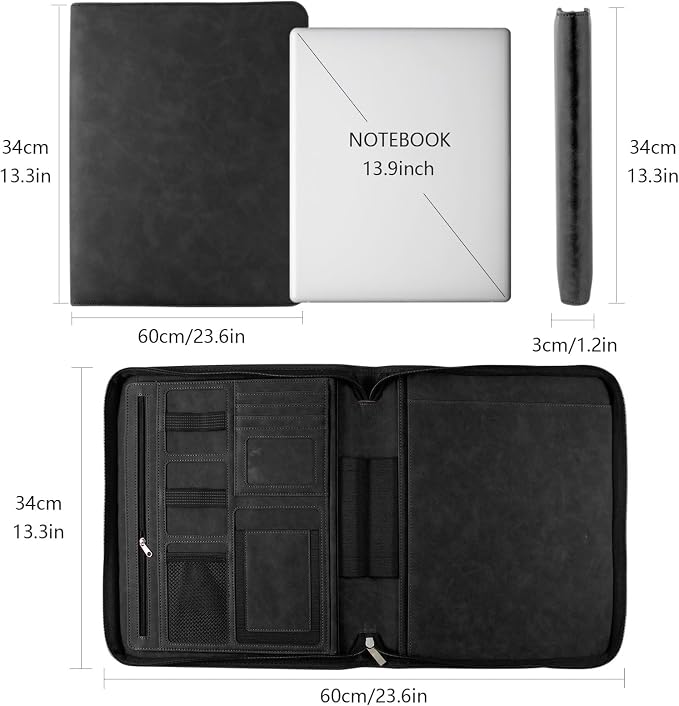 Leather Business Portfolio Organizer 13.4", Padfolio Binder for Women with Zipper, Fits 13" Laptop/Cellphone Charger Legal Pad Portfolio Document Folder ﻿ (Black)