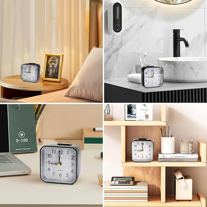Lamisola Small Analog Alarm Clock for Bathroom, Black Travel Clock, Battery Operated, Quieter Bedside Dial Clocks for Bedrooms Kitchen, Shelf Desk Clock